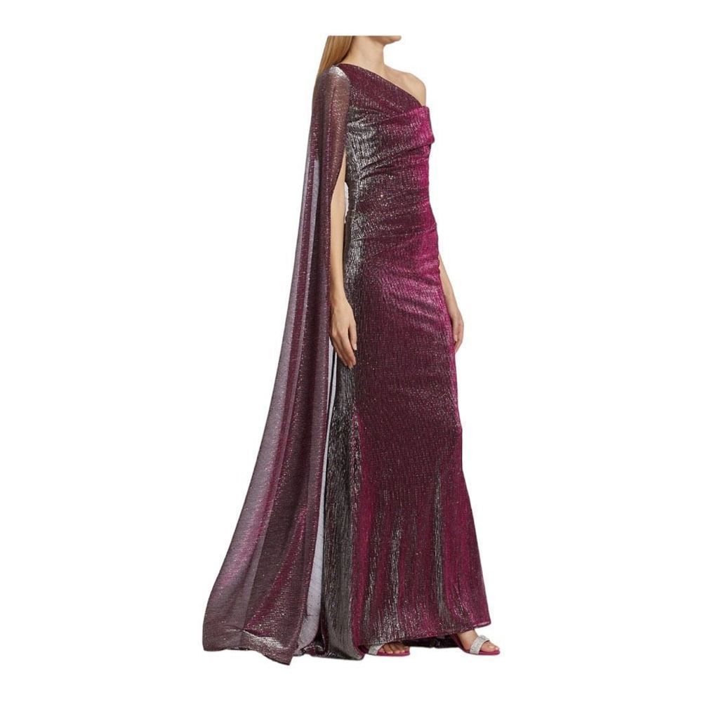 Talbot Runhof Fuchsia Metallic One Shoulder Cape Gown Size 16 NWD
